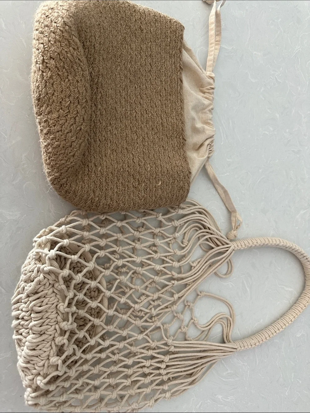 Crocheted Mesh & Straw bucket bag